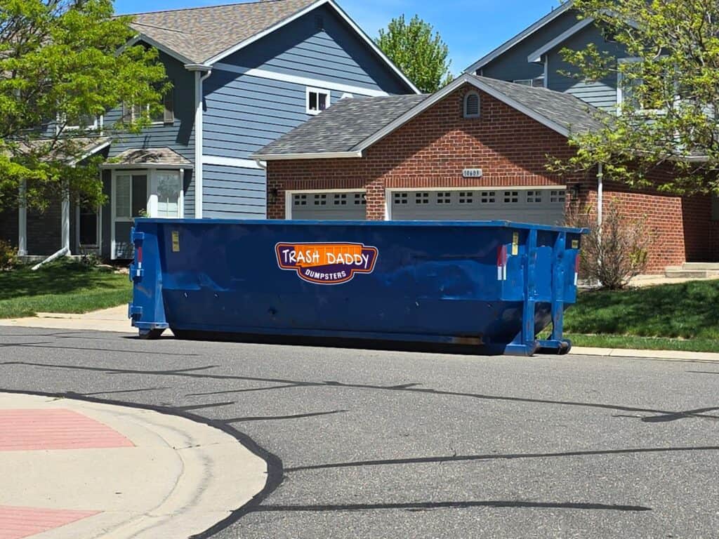 blue 30 yard dumpster in street