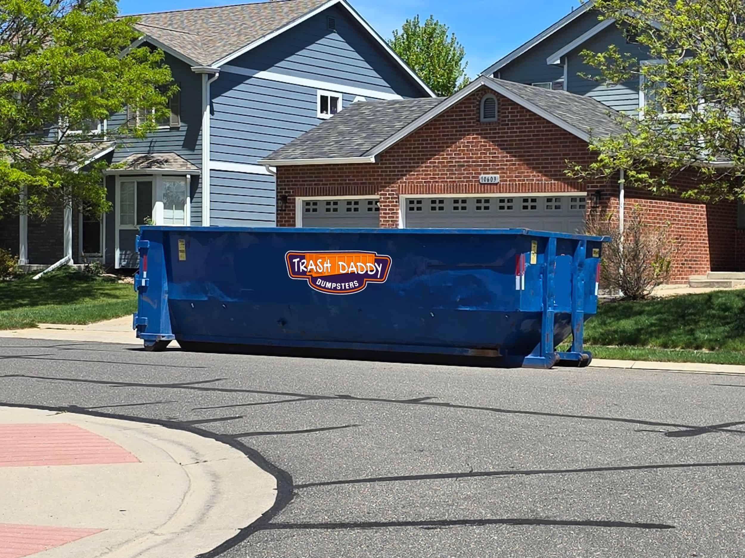 blue 30 yard dumpster in street
