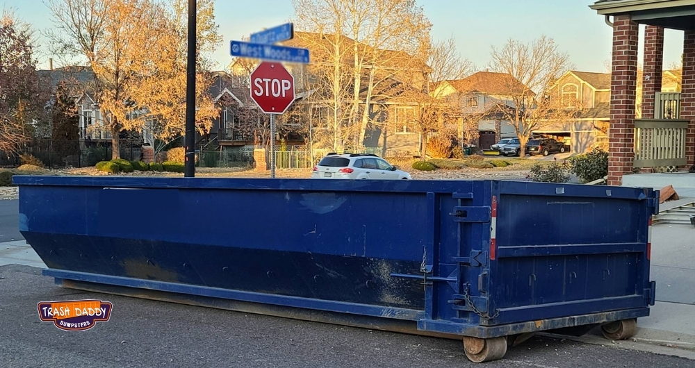 blue 20 yard roll-off dumpster on the street