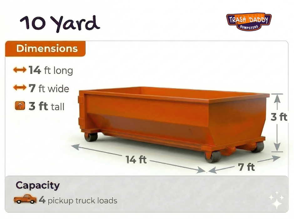Longer 10 Yard roll-off dumpster with dimensions