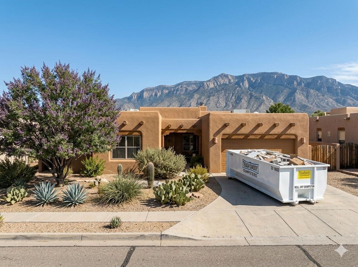 White 30 yard Trash Daddy roll-off dumpster on a residential driveway in Albuquerque, New Mexico with Sandia Mountains in the background.